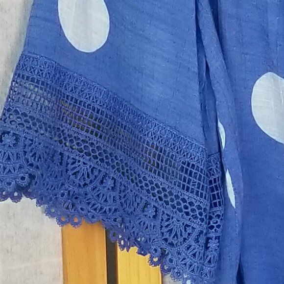 Blue Polka Dot Off the Shoulder Blouse Top Gauzy Crinkly Fabric Size Large - Picture 7 of 8